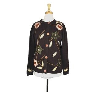 Stitches in Time Brown Floral VTG Button‎ up Cardigan Womens Medium